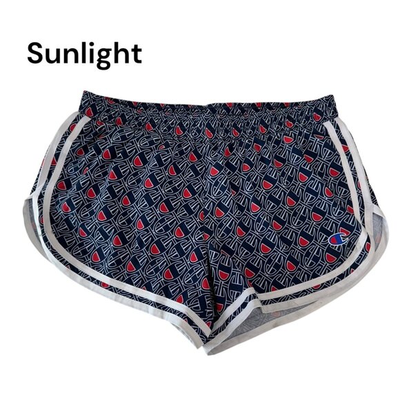 Champion Women Navy/Red Athletic Running Shorts SZ S Build-Brief  Logo Pattern - Picture 1 of 11